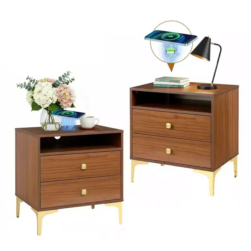 Comodino Boho in Rattan Nero/Marrone con Ricarica Wireless, Set da 2