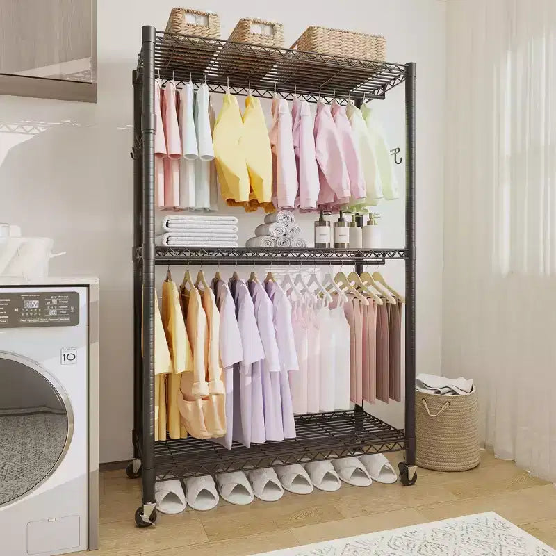 Appendiabiti ad angolo a L nero / argento / bianco – Organizer per vestiti in acciaio per due persone