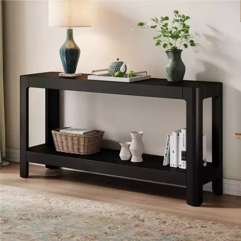 Tavolo Consolle Nero/Naturale con Ripiano Aperto, Uso per 1 Persona, 150 cm