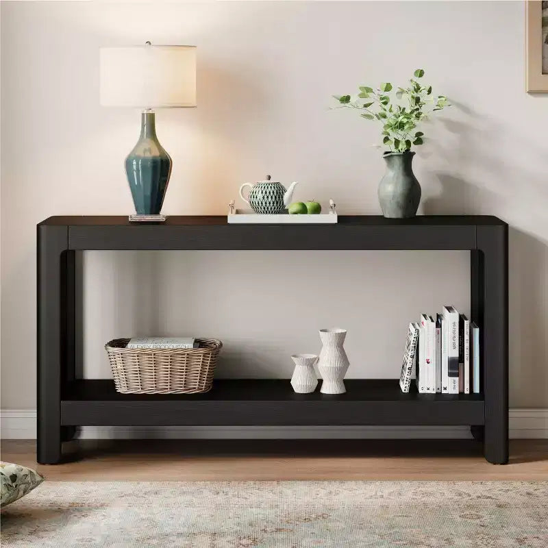 Tavolo Consolle Nero/Naturale con Ripiano Aperto, Uso per 1 Persona, 150 cm