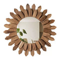 12-Inch Rustic Wood Sunburst Decorative Wall Mirror Round Boho Mirror for Bedroom Living Room