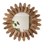 12-Inch Rustic Wood Sunburst Decorative Wall Mirror Round Boho Mirror for Bedroom Living Room