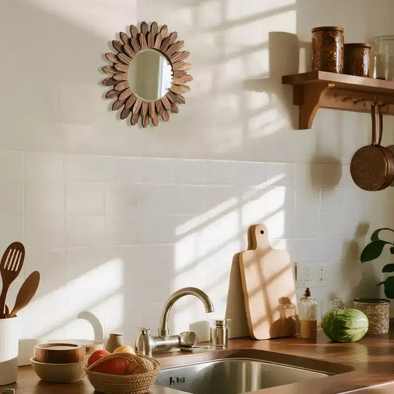 Specchio da parete a raggiera tondo marrone, stile Boho, singolo