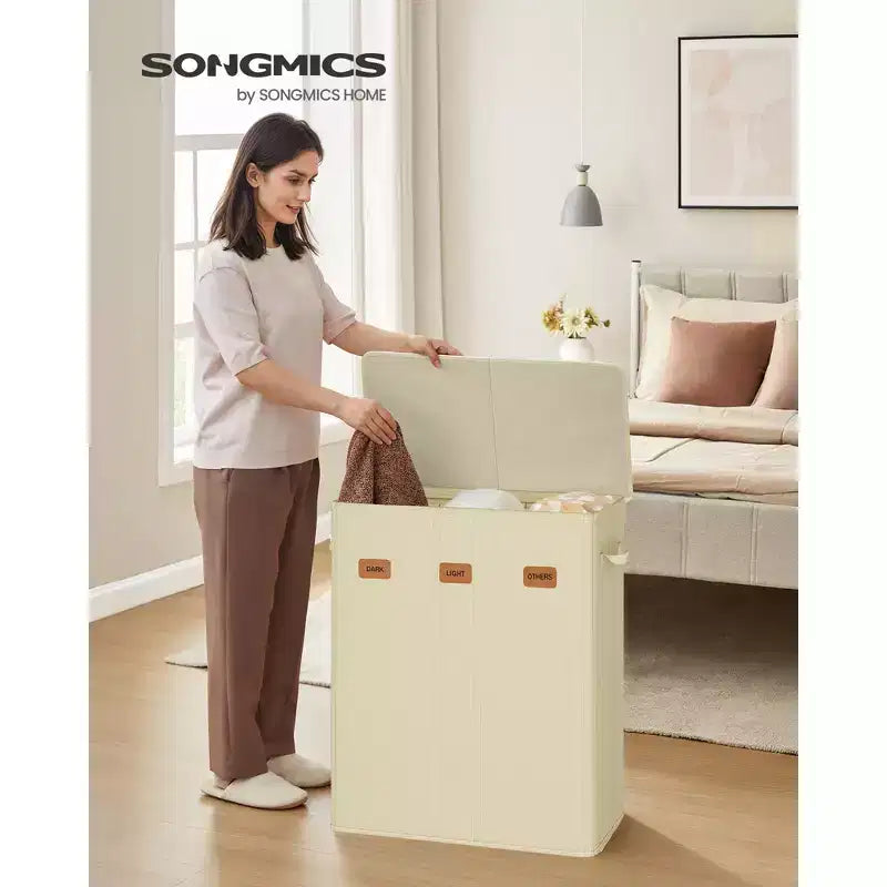 Cestone Portabiancheria Grigio a 3 Scomparti con Coperchio