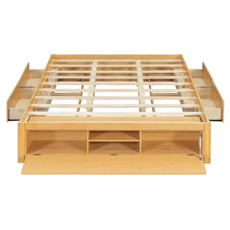 Letto a piattaforma Queen grigio/naturale/bianco con 4 cassetti e contenitore nella pediera, per 2 persone