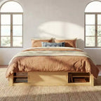 Letto a piattaforma Queen grigio/naturale/bianco con 4 cassetti e contenitore nella pediera, per 2 persone