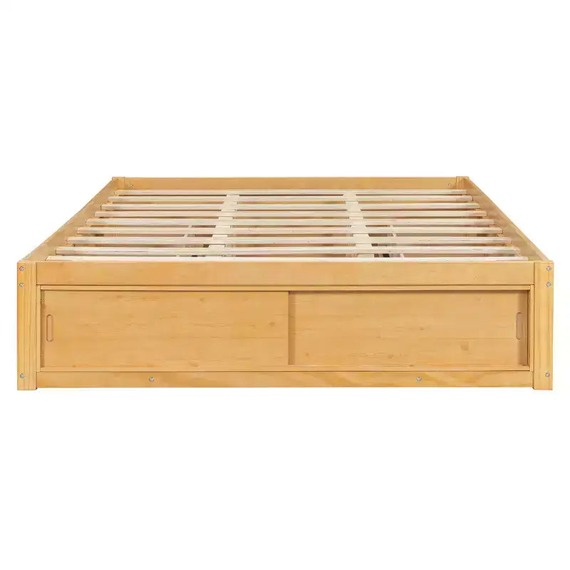 Letto a piattaforma Queen grigio/naturale/bianco con 4 cassetti e contenitore nella pediera, per 2 persone