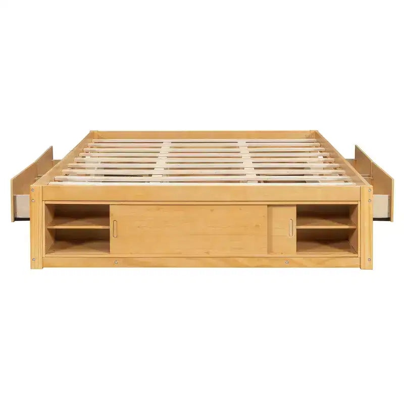 Letto a piattaforma Queen grigio/naturale/bianco con 4 cassetti e contenitore nella pediera, per 2 persone