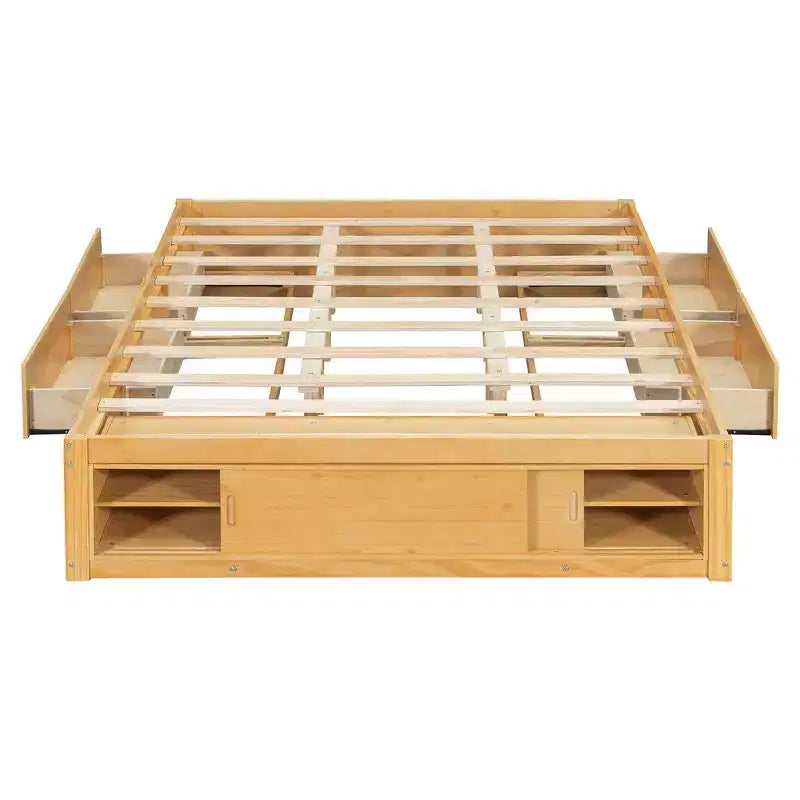 Letto a piattaforma Queen grigio/naturale/bianco con 4 cassetti e contenitore nella pediera, per 2 persone
