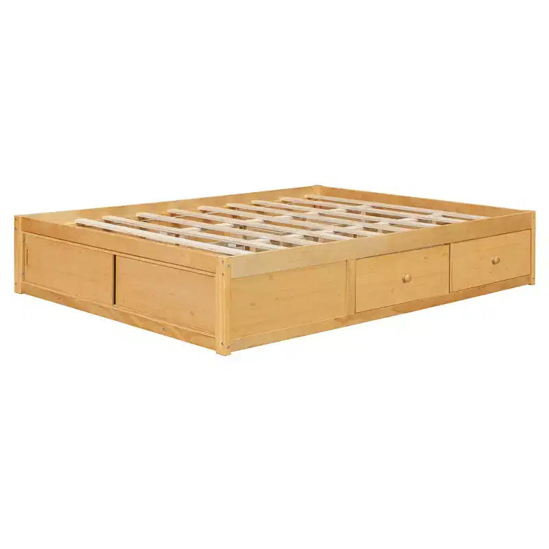Letto a piattaforma Queen grigio/naturale/bianco con 4 cassetti e contenitore nella pediera, per 2 persone