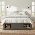 Letto a piattaforma Queen grigio/naturale/bianco con 4 cassetti e contenitore nella pediera, per 2 persone