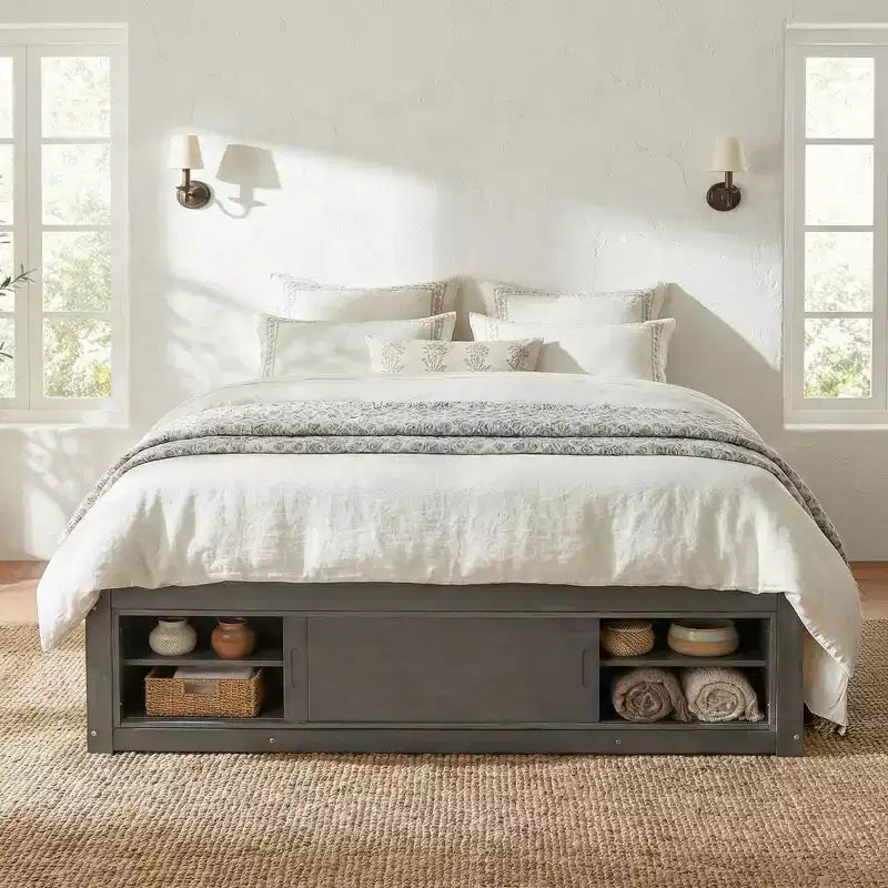 Letto a piattaforma Queen grigio/naturale/bianco con 4 cassetti e contenitore nella pediera, per 2 persone