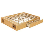 Letto a piattaforma Queen grigio/naturale/bianco con 4 cassetti e contenitore nella pediera, per 2 persone