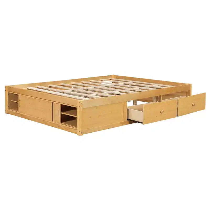 Letto a piattaforma Queen grigio/naturale/bianco con 4 cassetti e contenitore nella pediera, per 2 persone