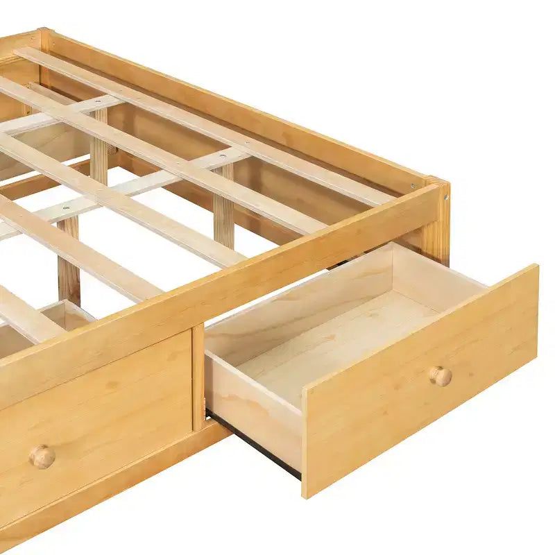 Letto a piattaforma Queen grigio/naturale/bianco con 4 cassetti e contenitore nella pediera, per 2 persone