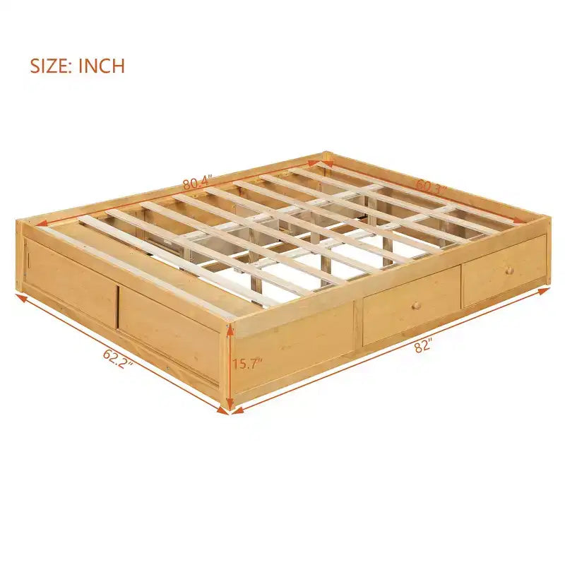 Letto a piattaforma Queen grigio/naturale/bianco con 4 cassetti e contenitore nella pediera, per 2 persone