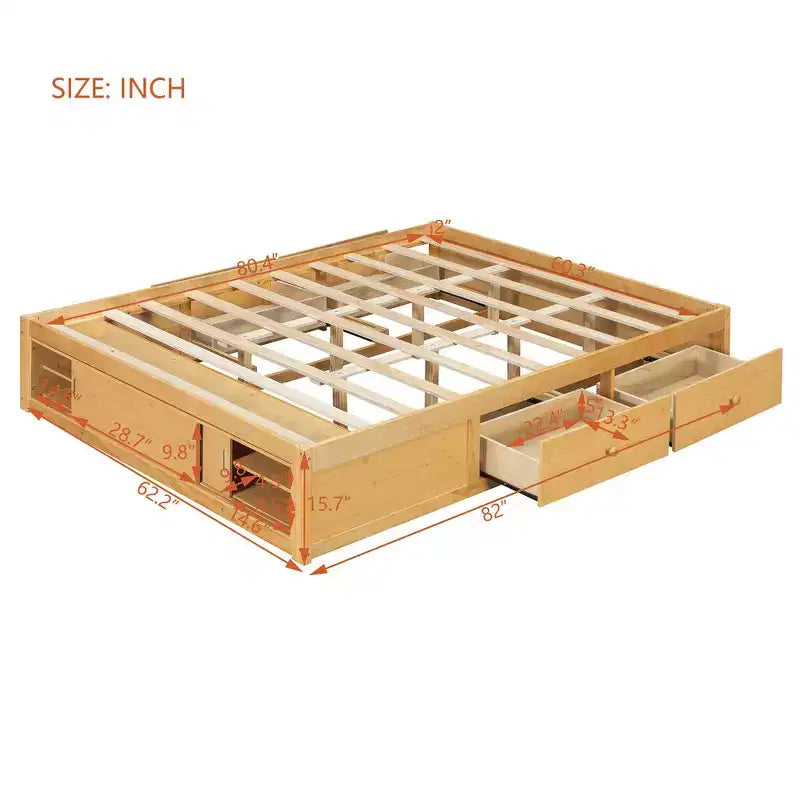 Letto a piattaforma Queen grigio/naturale/bianco con 4 cassetti e contenitore nella pediera, per 2 persone