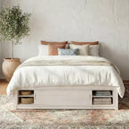 Letto a piattaforma Queen grigio/naturale/bianco con 4 cassetti e contenitore nella pediera, per 2 persone