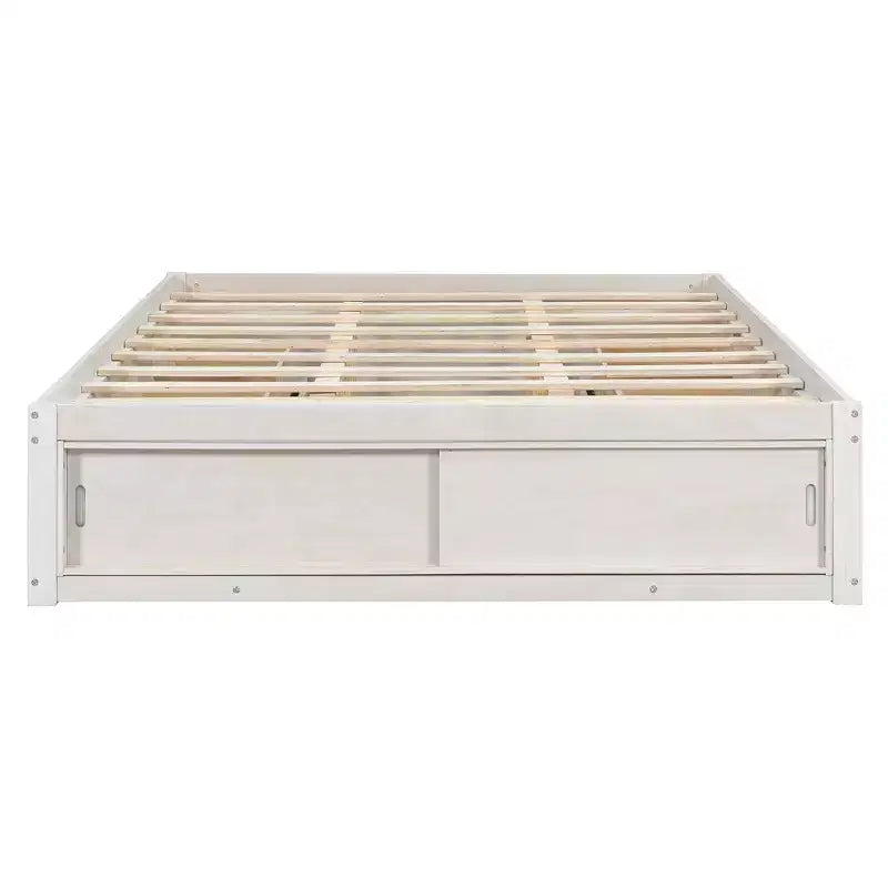 Letto a piattaforma Queen grigio/naturale/bianco con 4 cassetti e contenitore nella pediera, per 2 persone