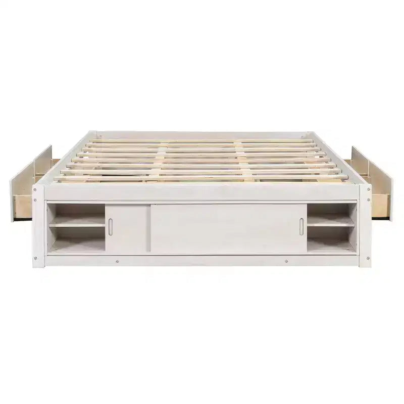 Letto a piattaforma Queen grigio/naturale/bianco con 4 cassetti e contenitore nella pediera, per 2 persone