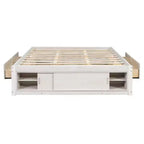 Letto a piattaforma Queen grigio/naturale/bianco con 4 cassetti e contenitore nella pediera, per 2 persone