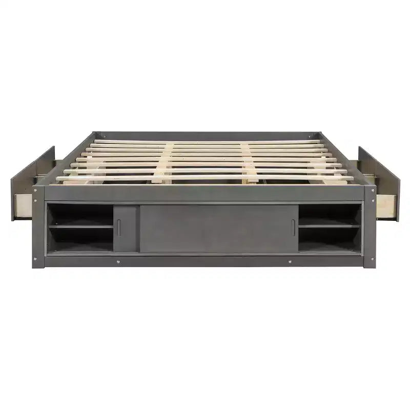 Letto a piattaforma Queen grigio/naturale/bianco con 4 cassetti e contenitore nella pediera, per 2 persone
