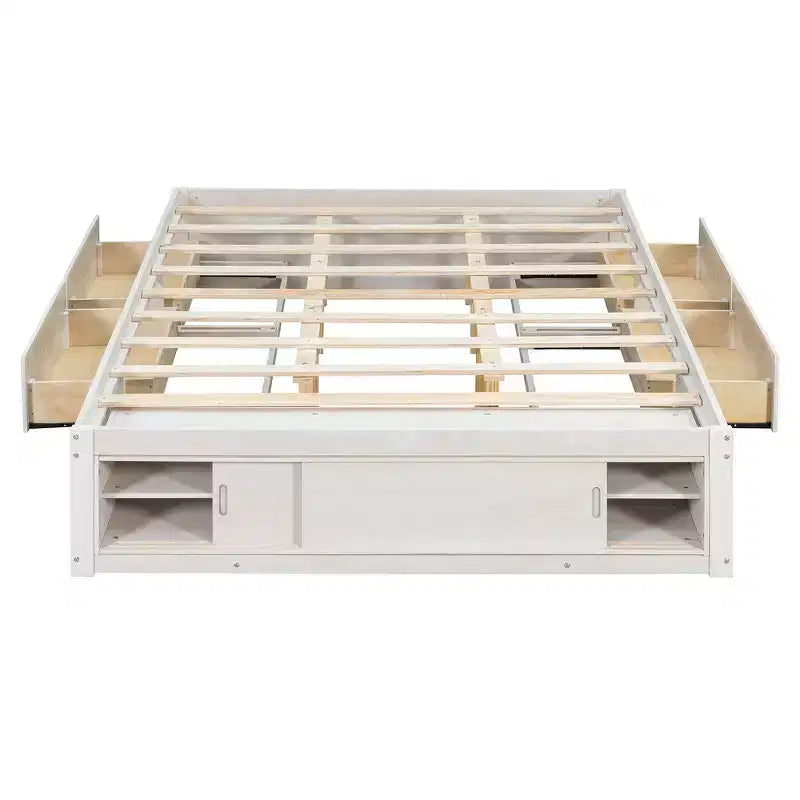 Letto a piattaforma Queen grigio/naturale/bianco con 4 cassetti e contenitore nella pediera, per 2 persone