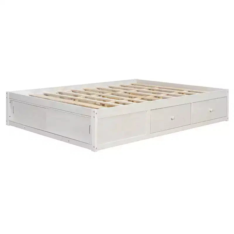 Letto a piattaforma Queen grigio/naturale/bianco con 4 cassetti e contenitore nella pediera, per 2 persone