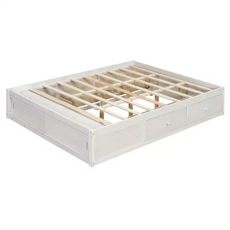 Letto a piattaforma Queen grigio/naturale/bianco con 4 cassetti e contenitore nella pediera, per 2 persone