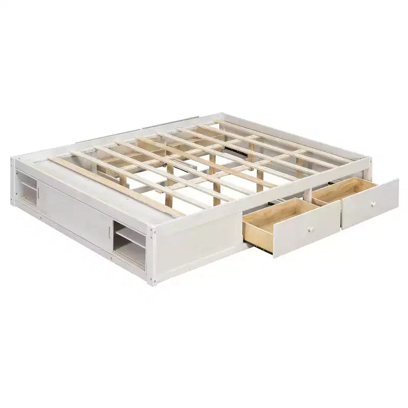 Letto a piattaforma Queen grigio/naturale/bianco con 4 cassetti e contenitore nella pediera, per 2 persone