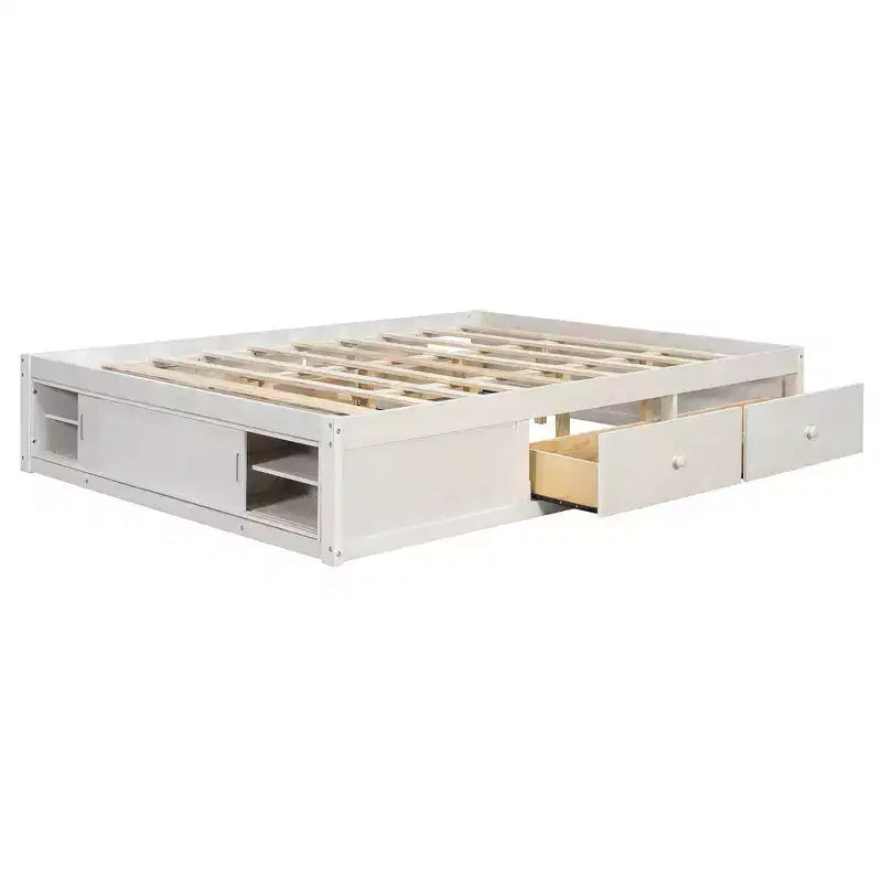 Letto a piattaforma Queen grigio/naturale/bianco con 4 cassetti e contenitore nella pediera, per 2 persone