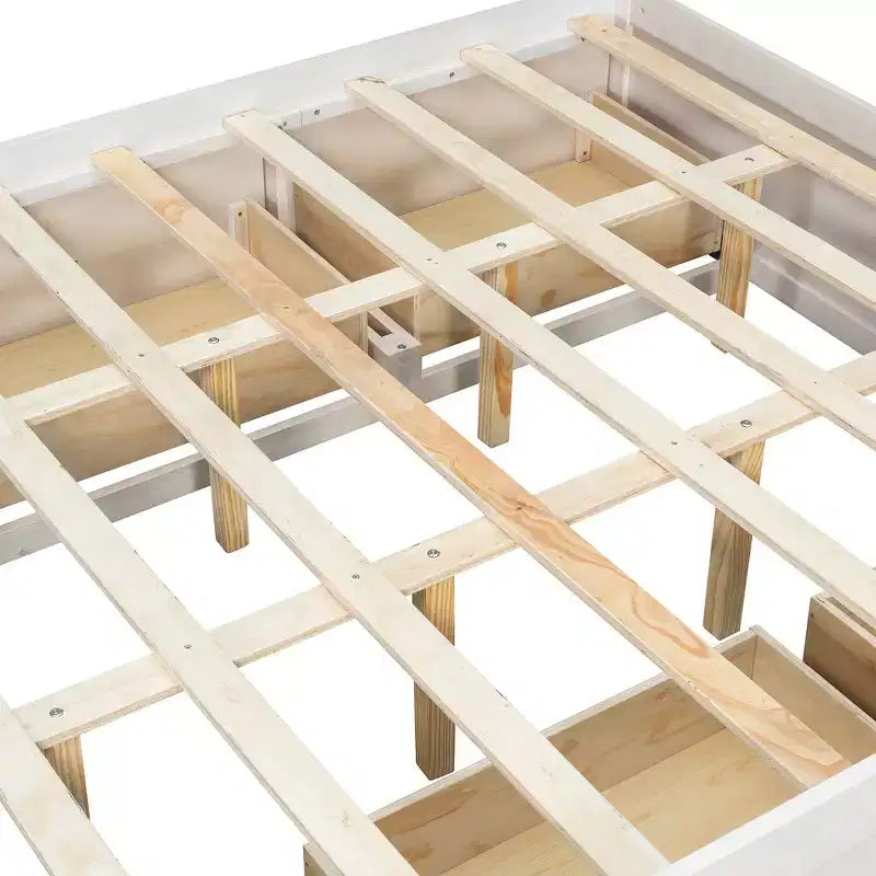 Letto a piattaforma Queen grigio/naturale/bianco con 4 cassetti e contenitore nella pediera, per 2 persone