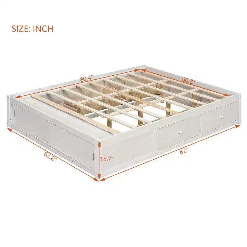 Letto a piattaforma Queen grigio/naturale/bianco con 4 cassetti e contenitore nella pediera, per 2 persone
