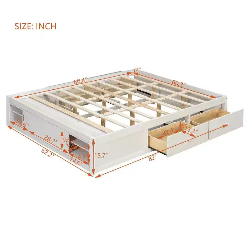 Letto a piattaforma Queen grigio/naturale/bianco con 4 cassetti e contenitore nella pediera, per 2 persone