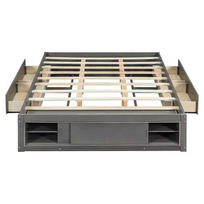 Letto a piattaforma Queen grigio/naturale/bianco con 4 cassetti e contenitore nella pediera, per 2 persone
