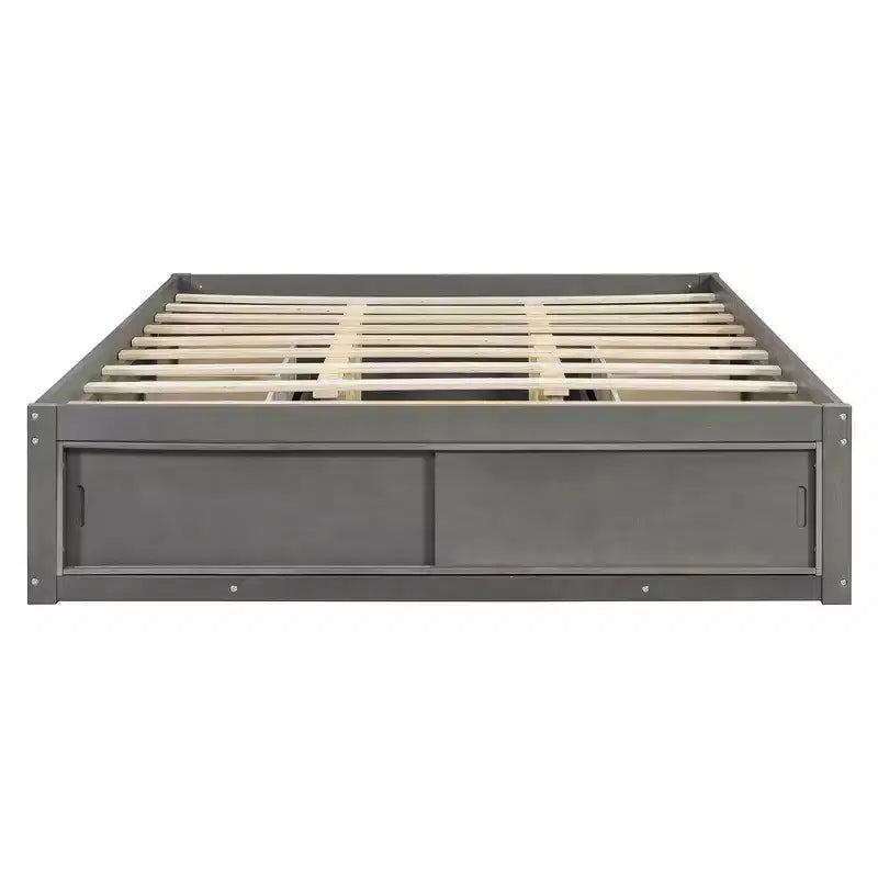 Letto a piattaforma Queen grigio/naturale/bianco con 4 cassetti e contenitore nella pediera, per 2 persone