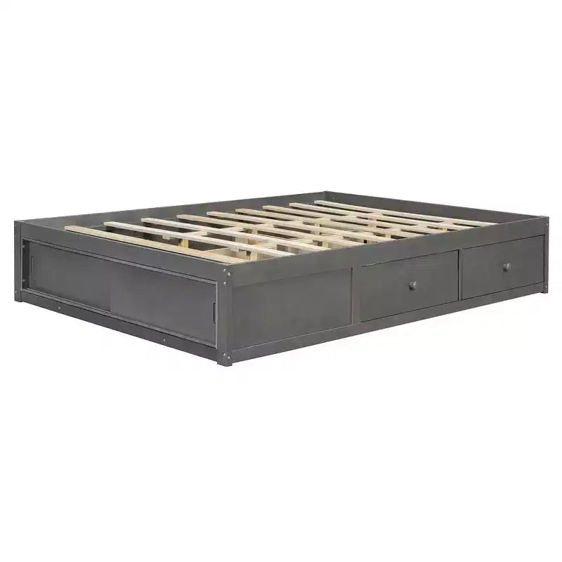 Letto a piattaforma Queen grigio/naturale/bianco con 4 cassetti e contenitore nella pediera, per 2 persone