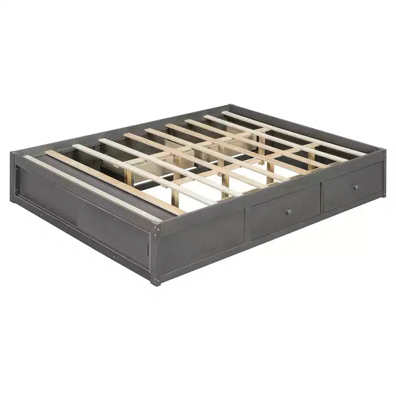Letto a piattaforma Queen grigio/naturale/bianco con 4 cassetti e contenitore nella pediera, per 2 persone