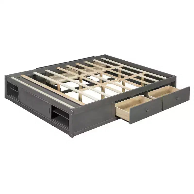 Letto a piattaforma Queen grigio/naturale/bianco con 4 cassetti e contenitore nella pediera, per 2 persone