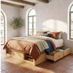 Letto a piattaforma Queen grigio/naturale/bianco con 4 cassetti e contenitore nella pediera, per 2 persone