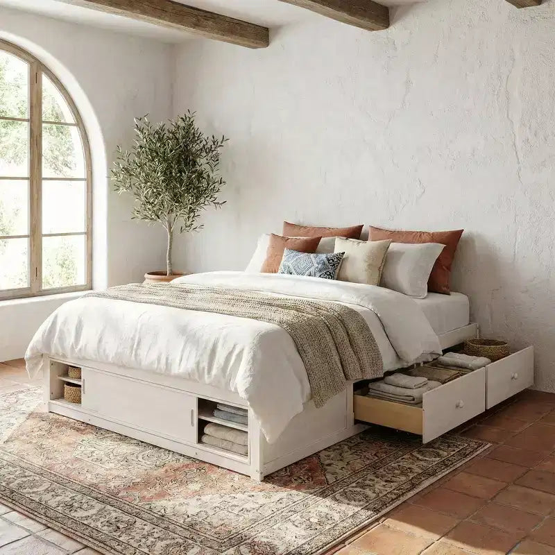 Letto a piattaforma Queen grigio/naturale/bianco con 4 cassetti e contenitore nella pediera, per 2 persone