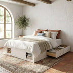 Letto a piattaforma Queen grigio/naturale/bianco con 4 cassetti e contenitore nella pediera, per 2 persone