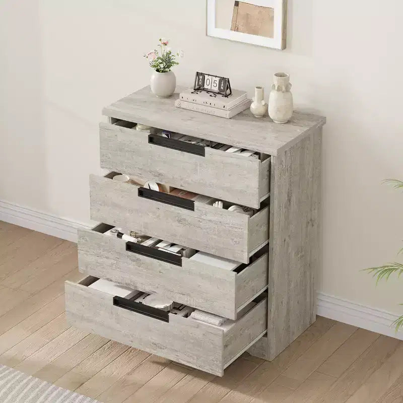 Cassettiera a 4 cassetti Grigio/Noce con Maniglie Integrate, Monoutente