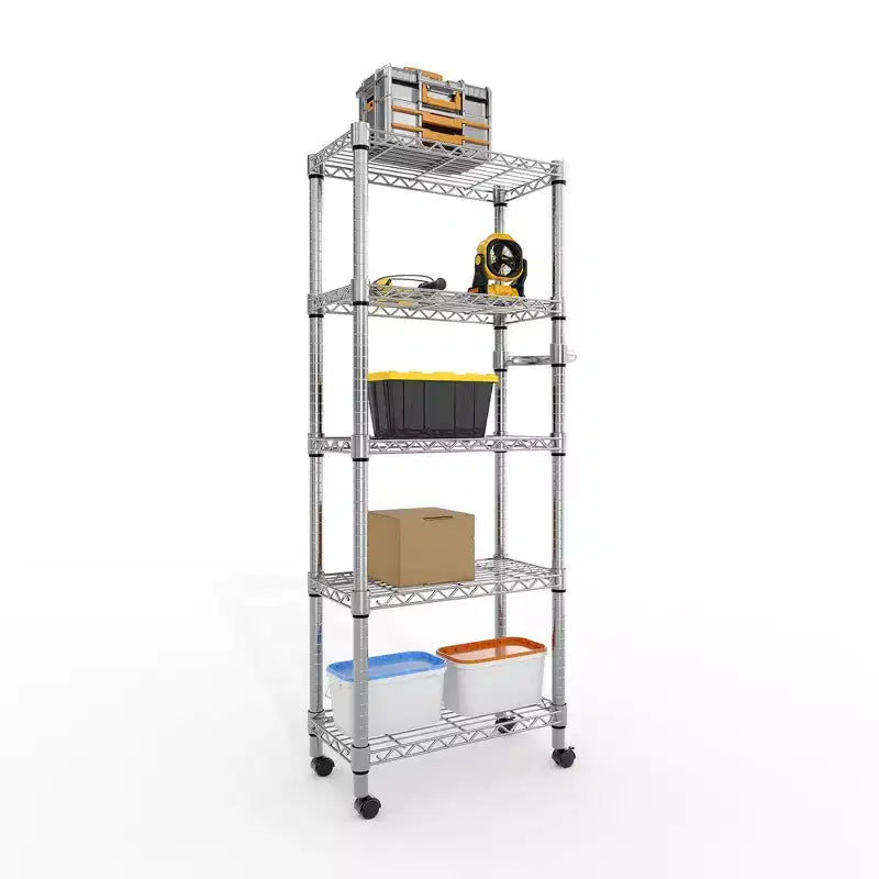 Metal Storage Shelves 5 Tier with Wheels, 1100 LBS Adjustable Wire Shelving Rack Shelves Units with Side Handle for Hanging, Rolling Shelf Organizer