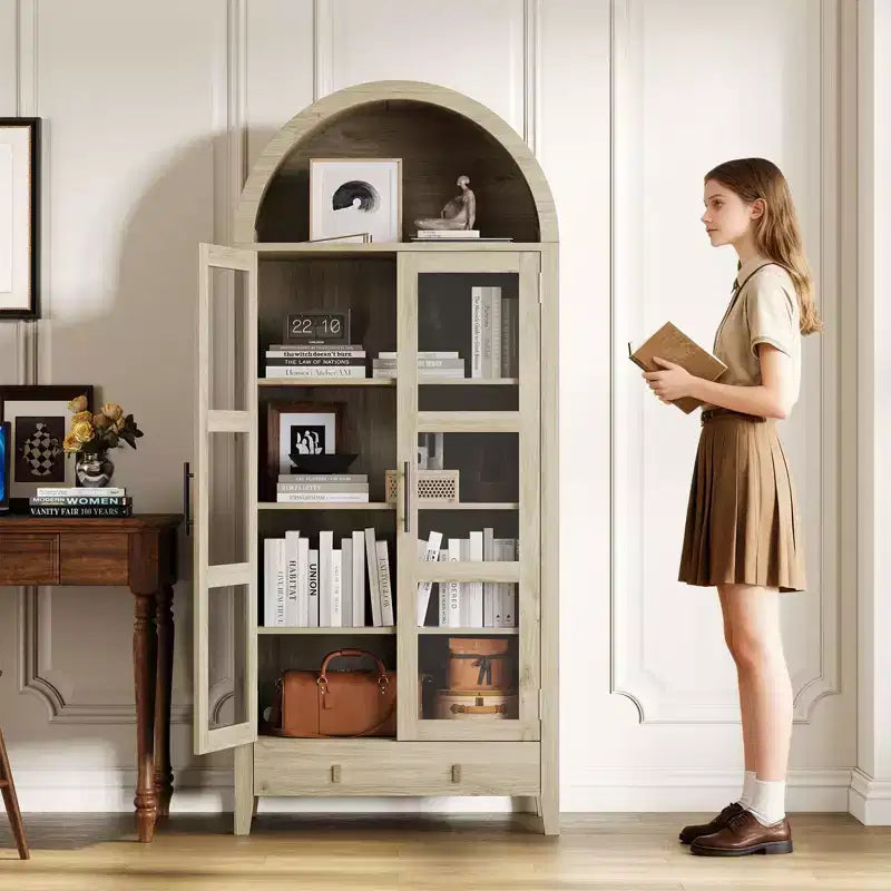 Rovere, Anta in Vetro Ad Arco, Dispensa Monoblocco a Terra a 1 Anta con Luci a LED