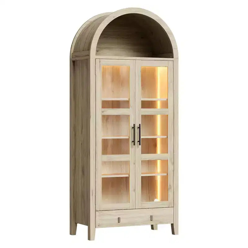 Rovere, Anta in Vetro Ad Arco, Dispensa Monoblocco a Terra a 1 Anta con Luci a LED