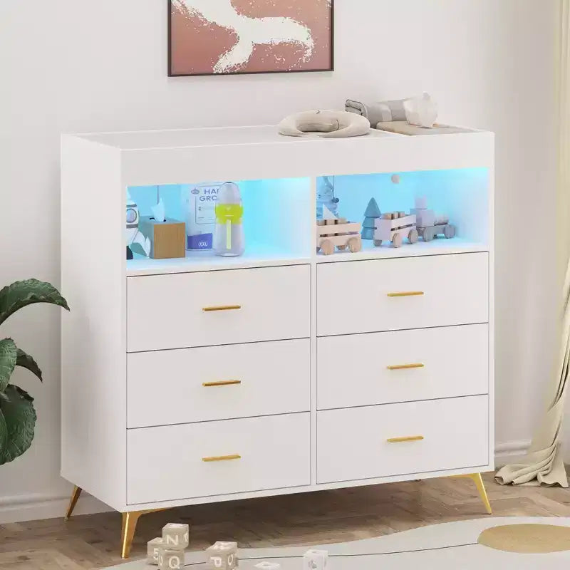 6-Drawer Convertible Baby Dresser with Changing Top & Pad  Modern Nursery Dresser for Infant Essentials, Tech-Ready Design