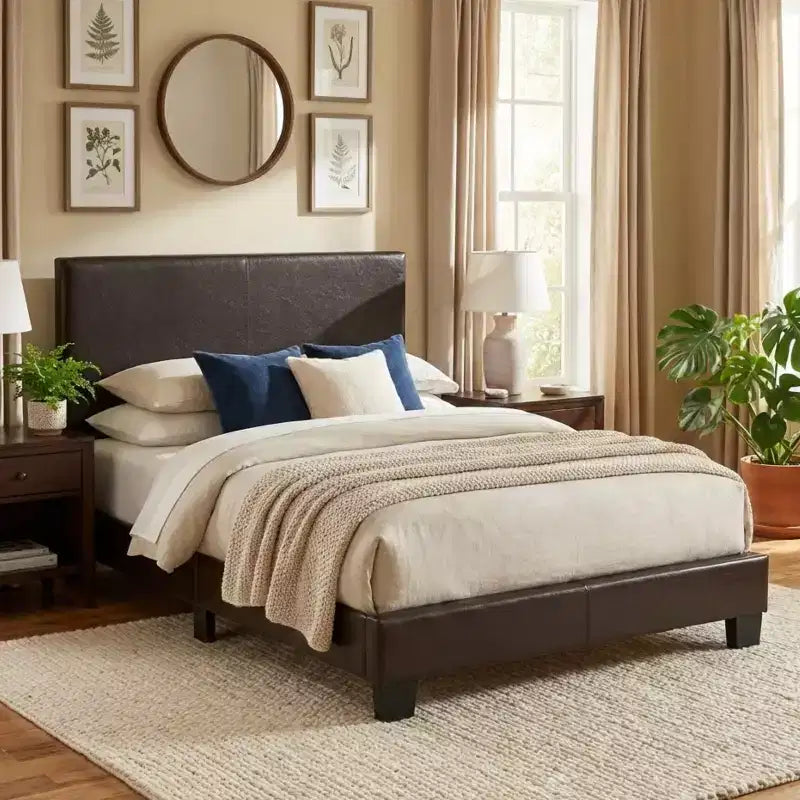 Letto a piattaforma in similpelle marrone con testiera regolabile, singolo/matrimoniale/queen, 1-2 persone