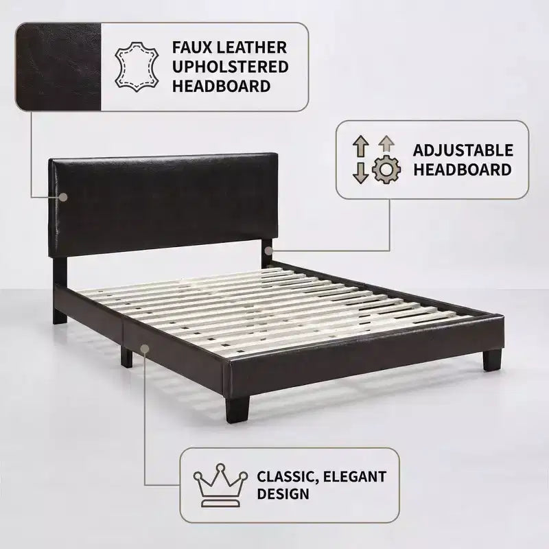 Letto a piattaforma in similpelle marrone con testiera regolabile, singolo/matrimoniale/queen, 1-2 persone