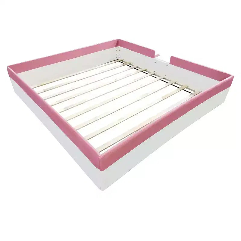 Letto a Pavimento Imbottito Rosa+Bianco con Recinzione e Scale, King, Per Bambini